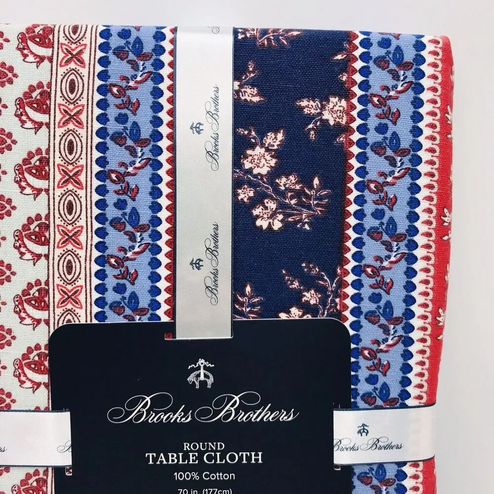 Brooks Brothers Round Tablecloth 70” Round Floral Red White Blue 100% Cotton NWT